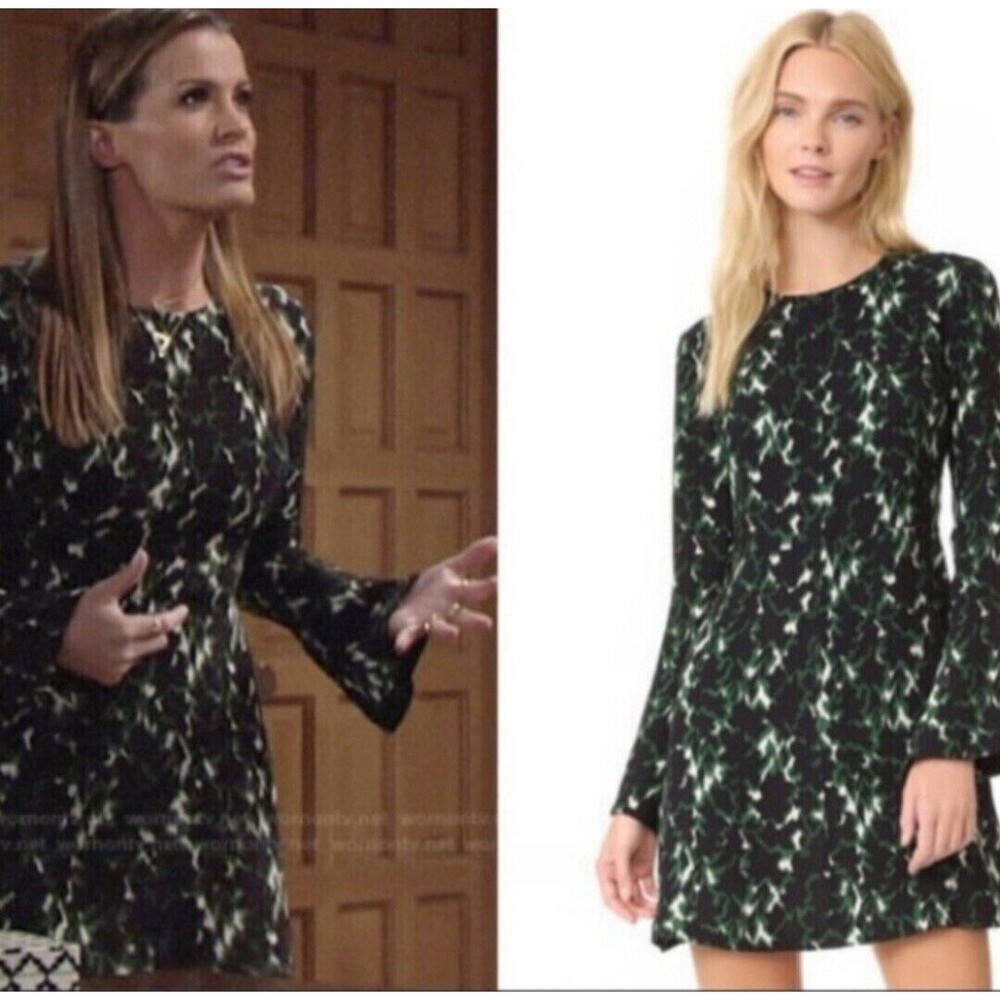 A.L.C. Trixie Silk Dress 10 Green Black Printed Bell Sleeve Mini A-Line B38